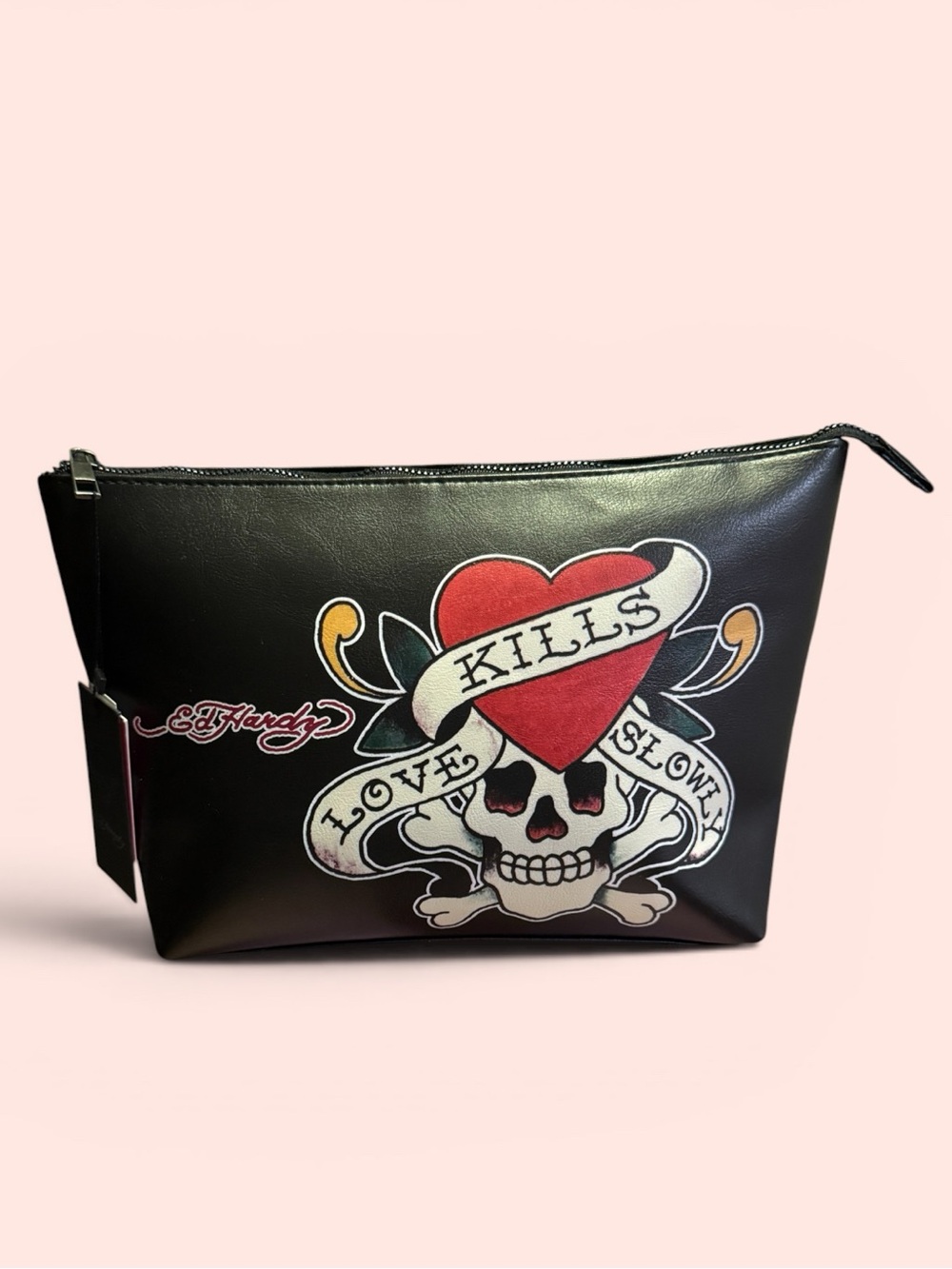 Ed Hardy Black Toiletry Cosmetics Pouch with Red Heart Skull Graphic NWT Unisex